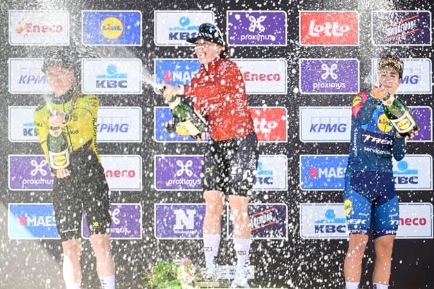 Scheldeprijs 2026 Cycling Race - Women Elite SCHOTEN, BELGIUM - APRIL 08 : Kool Charlotte (NED) of Fenix-Premier Tech first, Veenhoven Nienke (NED) of Team Visma Lease a Bike second and Balsamo Elisa (ITA) of Lidl - Trek Third during the podium ceremony of the 6th edition of Scheldeprijs an UCI ProSeries one day cycling road race for Women Elite of 130,3 km with start in Schoten and finish in Schoten on April 8, 2026 in Schoten, Belgium, 08 04 2026 Schoten Belgium  Copyright: xPeterxDexVoechtx