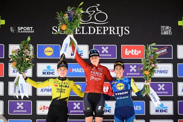 Scheldeprijs 2026 Cycling Race - Women Elite SCHOTEN, BELGIUM - APRIL 08 : Kool Charlotte (NED) of Fenix-Premier Tech first, Veenhoven Nienke (NED) of Team Visma Lease a Bike second and Balsamo Elisa (ITA) of Lidl - Trek Third during the podium ceremony of the 6th edition of Scheldeprijs an UCI ProSeries one day cycling road race for Women Elite of 130,3 km with start in Schoten and finish in Schoten on April 8, 2026 in Schoten, Belgium, 08 04 2026 Schoten Belgium  Copyright: xPeterxDexVoechtx