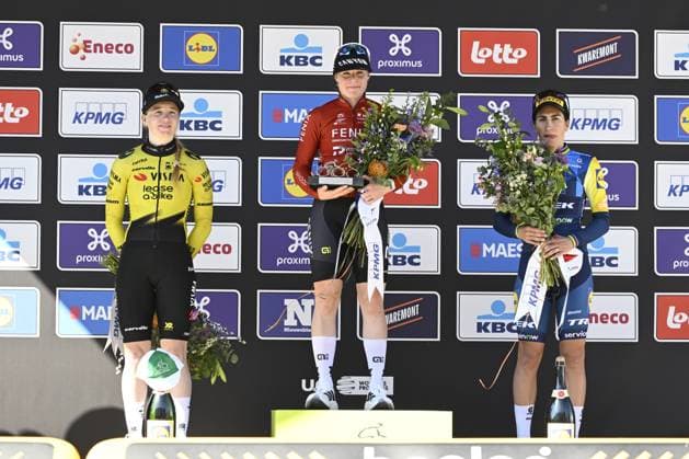 Dutch Nienke Veenhoven of Team Visma-Lease a Bike, Dutch Charlotte Kool of Fenix-Premier Tech and Italian Elisa Balsamo of Lidl-Trek celebrate on the podium of the women s race of the Scheldeprijs one day cycling event, 130,3km from and to Schoten on Wednesday 08 April 2026. TOM GOYVAERTS TomxGoyvaerts  x170183569x