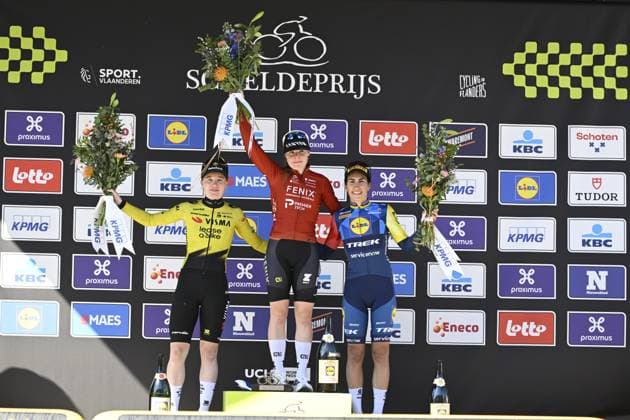 Dutch Nienke Veenhoven of Team Visma-Lease a Bike, Dutch Charlotte Kool of Fenix-Premier Tech and Italian Elisa Balsamo of Lidl-Trek celebrate on the podium of the women s race of the Scheldeprijs one day cycling event, 130,3km from and to Schoten on Wednesday 08 April 2026. TOM GOYVAERTS TomxGoyvaerts  x170184284x