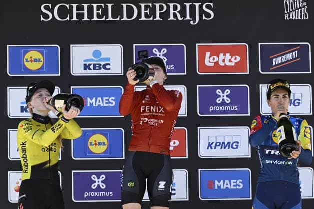 Dutch Nienke Veenhoven of Team Visma-Lease a Bike, Dutch Charlotte Kool of Fenix-Premier Tech and Italian Elisa Balsamo of Lidl-Trek celebrate on the podium of the women s race of the Scheldeprijs one day cycling event, 130,3km from and to Schoten on Wednesday 08 April 2026. TOM GOYVAERTS TomxGoyvaerts  x170184352x