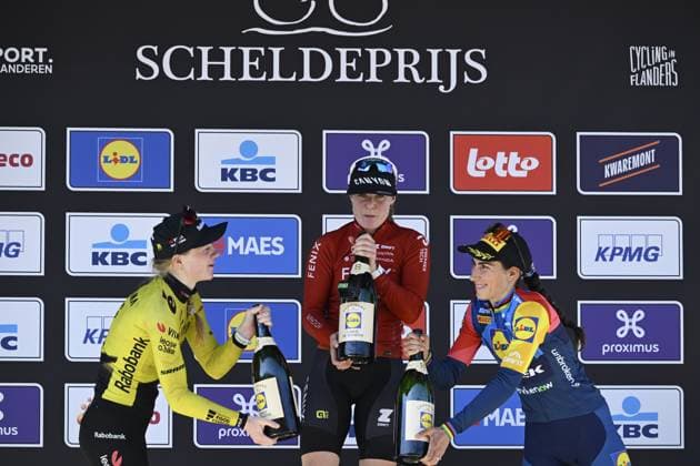 Dutch Nienke Veenhoven of Team Visma-Lease a Bike, Dutch Charlotte Kool of Fenix-Premier Tech and Italian Elisa Balsamo of Lidl-Trek celebrate on the podium of the women s race of the Scheldeprijs one day cycling event, 130,3km from and to Schoten on Wednesday 08 April 2026. TOM GOYVAERTS TomxGoyvaerts  x170184363x