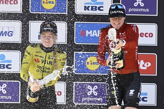 Dutch Nienke Veenhoven of Team Visma-Lease a Bike and Dutch Charlotte Kool of Fenix-Premier Tech celebrate on the podium of the women s race of the Scheldeprijs one day cycling event, 130,3km from and to Schoten on Wednesday 08 April 2026. TOM GOYVAERTS TomxGoyvaerts  x170184646x