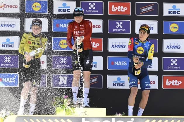 Dutch Nienke Veenhoven of Team Visma-Lease a Bike, Dutch Charlotte Kool of Fenix-Premier Tech and Italian Elisa Balsamo of Lidl-Trek celebrate on the podium of the women s race of the Scheldeprijs one day cycling event, 130,3km from and to Schoten on Wednesday 08 April 2026. TOM GOYVAERTS TomxGoyvaerts  x170184731x