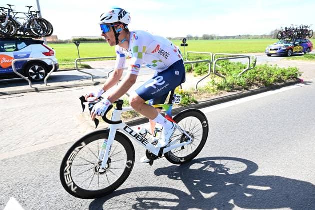 French Samuel Leroux of Team TotalEnergies pictured in action during the men s race of the Scheldeprijs one day cycling event, 205,2km from Terneuzen, the Netherlands to Schoten, Belgium on Wednesday 08 April 2026. MAARTENxSTRAETEMANS  x170188714x