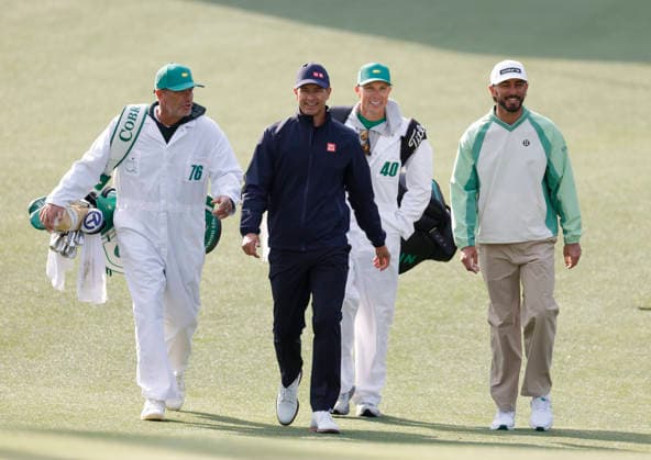 Adam Scott of Australia and Max Homa play a practice round together on the Wednesday before The Masters Tournament at Augusta National Golf Club on Wednesday, April 8, 2026 in Augusta, Georgia.  AUG202604081011 JOHNxANGELILLO