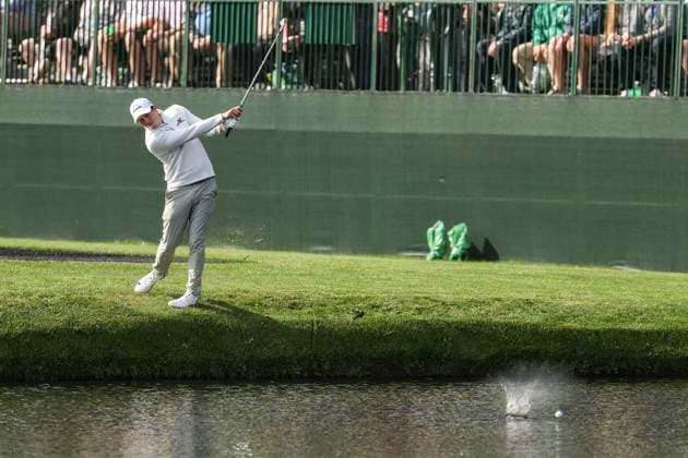 2026 Masters Tournament - practice round Matt Fitzpatrick of England skips a shot on the water at the 16th hole during the final practice round for the 2026 Masters Tournament at the Augusta National Golf Club in Augusta, Georgia, USA, 08 April 2026. The Masters golf tournament begins 09 April 2026. AUGUSTA GEORGIA United States  Copyright: xCHRISxTORRESx