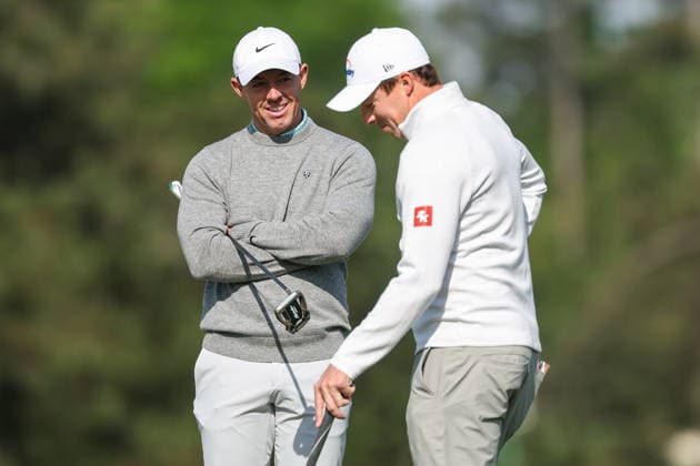 2026 Masters Tournament - practice round Rory McIlroy of Northern Ireland (L) and Matt Fitzpatrick of England (R) converse at the green at the 17th hole during the final practice round for the 2026 Masters Tournament at the Augusta National Golf Club in Augusta, Georgia, USA, 08 April 2026. The Masters golf tournament begins 09 April 2026. AUGUSTA GEORGIA United States  Copyright: xCHRISxTORRESx