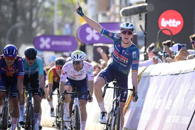 Scheldeprijs 2026 Cycling Race SCHOTEN, BELGIUM - APRIL 08 : Merlier Tim (BEL) of Soudal Quick Step win the podium ceremony of the 114th edition of Scheldeprijs an UCI ProSeries 1.Pro one day cycling road race for Men Elite of 205 km with start in Terneuzen and finish in Schoten on April 8, 2026 in Schoten, Belgium, 08 04 2026 ( Motordriver Kenny Verfaillie - Schoten Belgium  Copyright: xPeterxDexVoechtx
