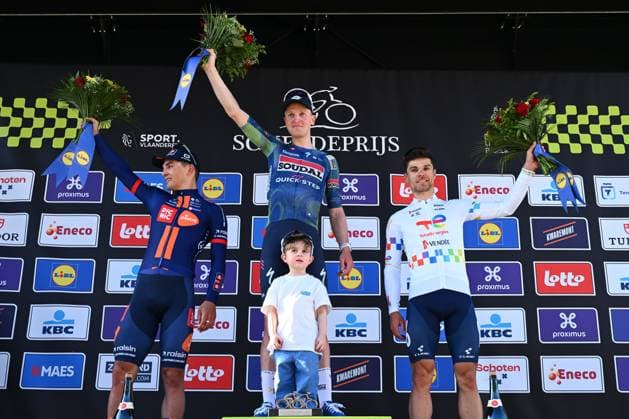 Scheldeprijs 2026 Cycling Race SCHOTEN, BELGIUM - APRIL 08 : Merlier Tim (BEL) of Soudal Quick Step first, Bittner Pavel (CZE) of Team Picnic PostNL second and Jeanniere Emilien (FRA) of TotalEnergies third during the podium ceremony of the 114th edition of Scheldeprijs an UCI ProSeries 1.Pro one day cycling road race for Men Elite of 205 km with start in Terneuzen and finish in Schoten on April 8, 2026 in Schoten, Belgium, 08 04 2026 ( Motordriver Kenny Verfaillie - Schoten Belgium  Copyright: xVincentxKalutx