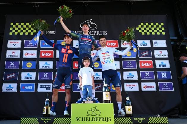 Scheldeprijs 2026 Cycling Race SCHOTEN, BELGIUM - APRIL 08 : Merlier Tim (BEL) of Soudal Quick Step first, Bittner Pavel (CZE) of Team Picnic PostNL second and Jeanniere Emilien (FRA) of TotalEnergies third during the podium ceremony of the 114th edition of Scheldeprijs an UCI ProSeries 1.Pro one day cycling road race for Men Elite of 205 km with start in Terneuzen and finish in Schoten on April 8, 2026 in Schoten, Belgium, 08 04 2026 ( Motordriver Kenny Verfaillie - Schoten Belgium  Copyright: xVincentxKalutx