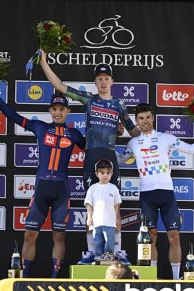 Czech Pavel Bittner of Team Picnic PostNL, Belgian Tim Merlier of Soudal Quick-Step and his son Jules and French Emilien Jeanniere of Team TotalEnergies celebrate on the podium of the men s race of the Scheldeprijs one day cycling event, 205,2km from Terneuzen, the Netherlands to Schoten, Belgium on Wednesday 08 April 2026. TOM GOYVAERTS TomxGoyvaerts  x170208538x