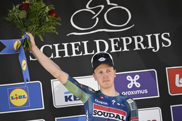 Belgian Tim Merlier of Soudal Quick-Step celebrates on the podium after winning the men s race of the Scheldeprijs one day cycling event, 205,2km from Terneuzen, the Netherlands to Schoten, Belgium on Wednesday 08 April 2026. TOM GOYVAERTS TomxGoyvaerts  x170208739x