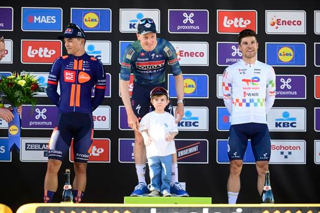 Scheldeprijs 2026 Cycling Race SCHOTEN, BELGIUM - APRIL 08 : Merlier Tim (BEL) of Soudal Quick Step first, Bittner Pavel (CZE) of Team Picnic PostNL second and Jeanniere Emilien (FRA) of TotalEnergies third during the podium ceremony of the 114th edition of Scheldeprijs an UCI ProSeries 1.Pro one day cycling road race for Men Elite of 205 km with start in Terneuzen and finish in Schoten on April 8, 2026 in Schoten, Belgium, 08 04 2026 ( Motordriver Kenny Verfaillie - Schoten Belgium  Copyright: xPeterxDexVoechtx