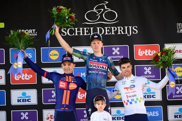 Scheldeprijs 2026 Cycling Race SCHOTEN, BELGIUM - APRIL 08 : Merlier Tim (BEL) of Soudal Quick Step first, Bittner Pavel (CZE) of Team Picnic PostNL second and Jeanniere Emilien (FRA) of TotalEnergies third during the podium ceremony of the 114th edition of Scheldeprijs an UCI ProSeries 1.Pro one day cycling road race for Men Elite of 205 km with start in Terneuzen and finish in Schoten on April 8, 2026 in Schoten, Belgium, 08 04 2026 ( Motordriver Kenny Verfaillie - Schoten Belgium  Copyright: xPeterxDexVoechtx