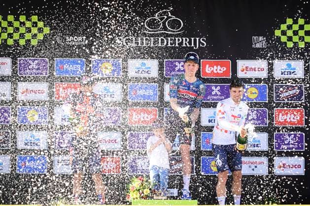 Scheldeprijs 2026 Cycling Race SCHOTEN, BELGIUM - APRIL 08 : Merlier Tim (BEL) of Soudal Quick Step first, Bittner Pavel (CZE) of Team Picnic PostNL second and Jeanniere Emilien (FRA) of TotalEnergies third during the podium ceremony of the 114th edition of Scheldeprijs an UCI ProSeries 1.Pro one day cycling road race for Men Elite of 205 km with start in Terneuzen and finish in Schoten on April 8, 2026 in Schoten, Belgium, 08 04 2026 ( Motordriver Kenny Verfaillie - Schoten Belgium  Copyright: xPeterxDexVoechtx