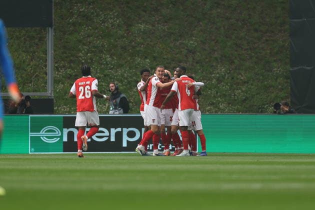 April 8, 2026, Braga, Braga, Portugal: Florian Grillitsch of Real Betis celebrates goal during UEFA Europa League 2025 26 Quarter-Final Leg One match between SC Braga and Real Betis Balompie at Estadio Municipal de Braga on April 08, 2026 in Braga, Portugal Braga Portugal - ZUMAe141 20260408_zsp_e141_004 Copyright: xLuisxEirasx