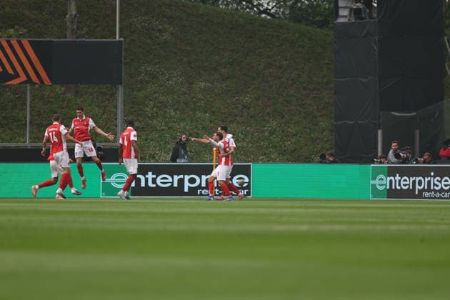 April 8, 2026, Braga, Braga, Portugal: Florian Grillitsch of Real Betis celebrates goal during UEFA Europa League 2025 26 Quarter-Final Leg One match between SC Braga and Real Betis Balompie at Estadio Municipal de Braga on April 08, 2026 in Braga, Portugal Uefa Europe League Sc Braga X Real Betis  - ZUMAe141 20260408_zsp_e141_001 Copyright: xLuisxEirasx