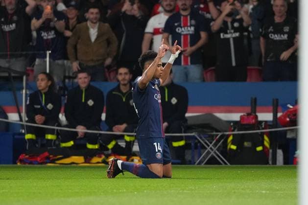 Desire Doue of PSG celebrates after he puts his side 1-0 ahead Paris Saint-Germain v Liverpool, UEFA Champions League, Quarter Final, First Leg, Football, Parc des Princes, Paris, France - 08 Apr 2026Paris Parc des Princes France EDITORIAL USE ONLY No use with unauthorised audio, video, data, fixture lists, club league logos or live services. Online in-match use limited to 120 images, no video emulation. No use in betting, games or single club league player publications. Copyright: xDavexWinter Shutterstockx 16811861aq