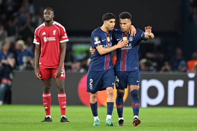 PSG v Liverpool - UEFA Champions League Quarter- finals PARIS, FRANCE - APRIL 8: PSG s Desire Doue celebrates his goal with Achraf Hakimi during the UEFA Champions League 2025 26 Quarter-Final First Leg match between Paris Saint-Germain and Liverpool FC at Parc des Princes in Paris, France, on April 8, 2026. Mustafa Yalcin Anadolu Paris France. Editorial use only. Please get in touch for any other usage.  Copyright: x2026xAnadoluxMustafaxYalcinx