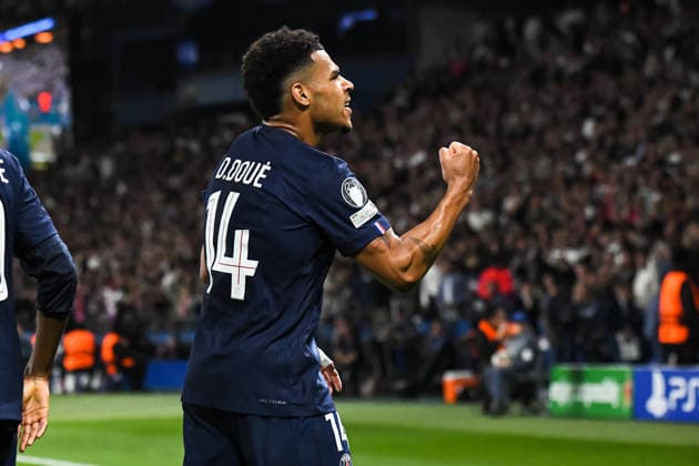 FOOTBALL : Paris Saint Germain vs Liverpool FC - Ligue des Champions - Quart de Finale - Match Aller - 08 04 2026 Joie des joueurs du Paris SG aprÃ s le but de Desire Doue (Paris SG) ParisFrance  Copyright: xBaptistexAutissierx