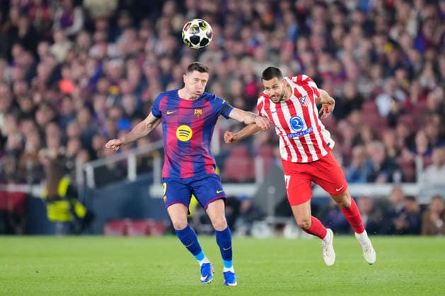 FC Barcelona, Barca v Atletico de Madrid - UEFA Champions League 2025 26 Quarter-Final First Leg Robert Lewandowski centre-forward of Barcelona and Poland and David Hancko centre-back of Atletico de Madrid and Slovakia compete for the ball during the UEFA Champions League 2025 26 Quarter-Final First Leg match between FC Barcelona and Club AtlÃ tico de Madrid at Estadio Spotify Camp Nou on April 8, 2026 in Barcelona, Spain. Barcelona Spain  Copyright: xJosexBretonx originalFilename:bretonhernandez-fcbarcel260408_np9py.jpg