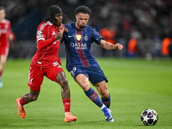Jeremie Frimpong Liverpool FC and Warren Zaire Emery Paris Saint Germain FC battle for the ball during the UEFA Champions League 2025 26 Quarter Final First Leg match between Paris Saint Germain FC and Liverpool FC at Parc des Princes on April 8, 2026 in Paris, France Photo by Harry Langer DeFodi Images