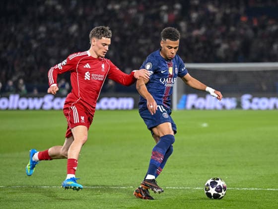 Florian Wirtz Liverpool FC and Desire Doue Paris Saint Germain FC battle for the ball during the UEFA Champions League 2025 26 Quarter Final First Leg match between Paris Saint Germain FC and Liverpool FC at Parc des Princes on April 8, 2026 in Paris, France Photo by Harry Langer DeFodi Images