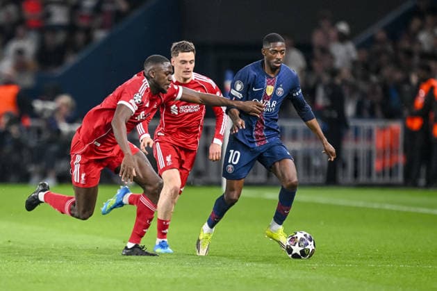 Ibrahima Konate Liverpool FC , Florian Wirtz Liverpool FC and Ousmane Dembele Paris Saint Germain FC battle for the ball during the UEFA Champions League 2025 26 Quarter Final First Leg match between Paris Saint Germain FC and Liverpool FC at Parc des Princes on April 8, 2026 in Paris, France Photo by Harry Langer DeFodi Images