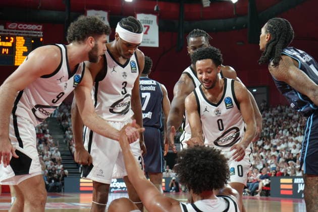 JL Bourg v Turk Telekom - EuroCup Basketball BOURG-EN-BRESSE, FRANCE - APRIL 8: Will McDowell-White (9), Assemian Moulare (3), and Darius Mcghee of JL Bourg in action during the third game of EuroCup Basketball semifinal match between JL Bourg and Turk Telekom in Bourg-en-Bresse, France on April 8, 2026.??????? Mathieu Prudhomme Anadolu Bourg-en-Bresse France. Editorial use only. Please get in touch for any other usage.  Copyright: x2026xAnadoluxMathieuxPrudhommex