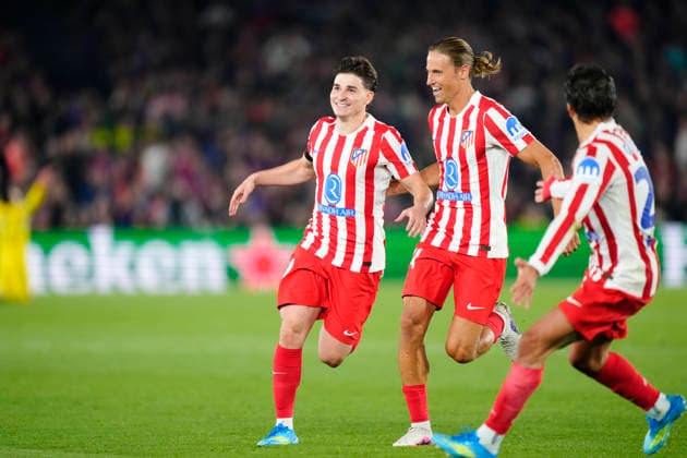 FC Barcelona, Barca v Atletico de Madrid - UEFA Champions League 2025 26 Quarter-Final First Leg Julian Alvarez centre-forward of Atletico de Madrid and Argentina celebrates after scoring his sides first goal during the UEFA Champions League 2025 26 Quarter-Final First Leg match between FC Barcelona and Club AtlÃ tico de Madrid at Estadio Spotify Camp Nou on April 8, 2026 in Barcelona, Spain. Barcelona Spain  Copyright: xJosexBretonx originalFilename:bretonhernandez-fcbarcel260408_np5j8.jpg