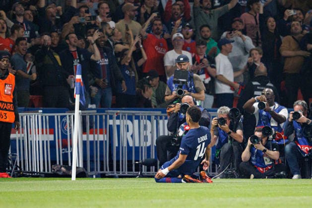 Desire Doue seen celebrating after scoring goal during UEFA Champions League quarterfinal game between teams of Paris Saint-Germain Football Club and Liverpool FC (Maciej Rogowski Ball Raw Images PT) Paris Parc des Princes France Copyright: xMaciejxRogowskix maciejrogowski_psg_liverpool_2526-3
