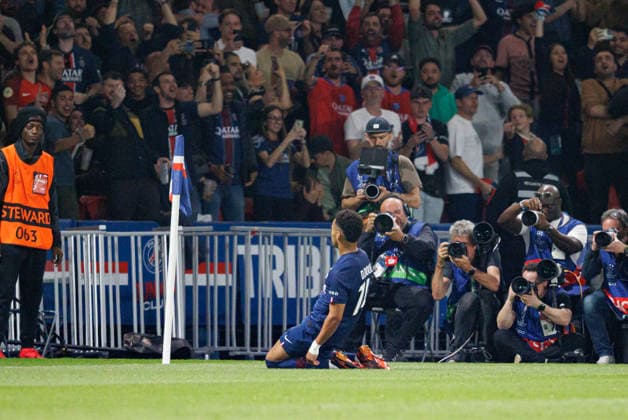 Desire Doue seen celebrating after scoring goal during UEFA Champions League quarterfinal game between teams of Paris Saint-Germain Football Club and Liverpool FC (Maciej Rogowski Ball Raw Images PT) Paris Parc des Princes France Copyright: xMaciejxRogowskix maciejrogowski_psg_liverpool_2526-4