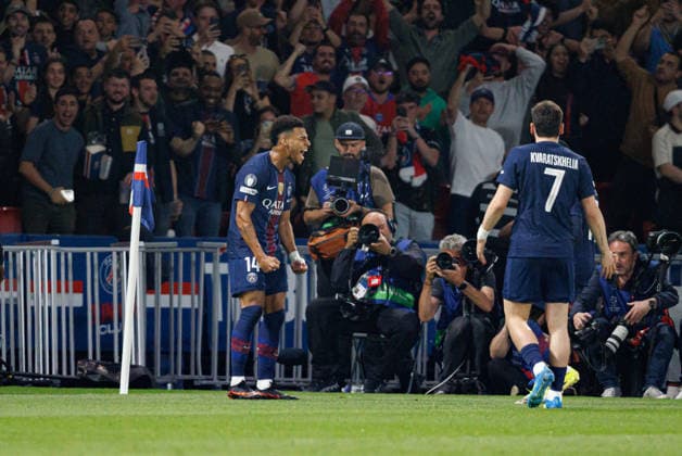 Desire Doue seen celebrating after scoring goal during UEFA Champions League quarterfinal game between teams of Paris Saint-Germain Football Club and Liverpool FC (Maciej Rogowski Ball Raw Images PT) Paris Parc des Princes France Copyright: xMaciejxRogowskix maciejrogowski_psg_liverpool_2526-5