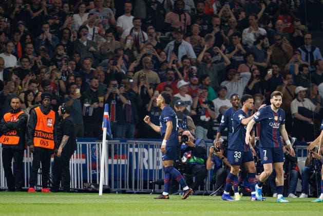 Desire Doue seen celebrating after scoring goal during UEFA Champions League quarterfinal game between teams of Paris Saint-Germain Football Club and Liverpool FC (Maciej Rogowski Ball Raw Images PT) Paris Parc des Princes France Copyright: xMaciejxRogowskix maciejrogowski_psg_liverpool_2526-6