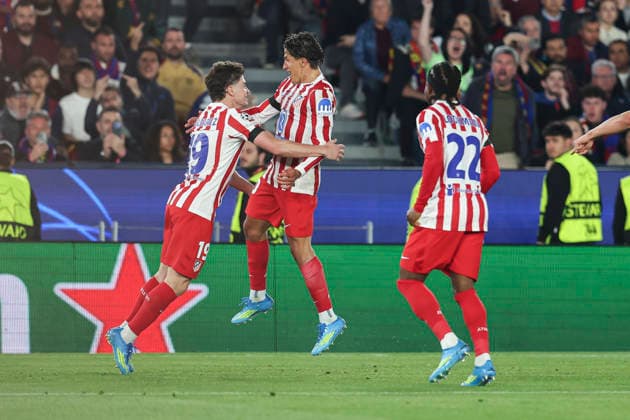 April 8, 2026, Barcelona, Barcelona, SPAIN: Julian Alvarez of Atletico de Madrid celebrates a goal during the UEFA Champions League 2025 26 Quarter-finals First Leg, football match played between FC Barcelona, Barca and Atletico de Madrid at Spotify Camp Nou stadium on April 08, 2026 in Barcelona, Spain. FC Barcelona V Atletico De Madrid - UEFA Champions League 2025 26 Quarter-Finals First Leg  - ZUMAa181 20260408_zaa_a181_221 Copyright: xIrinaxR.xHipolitox