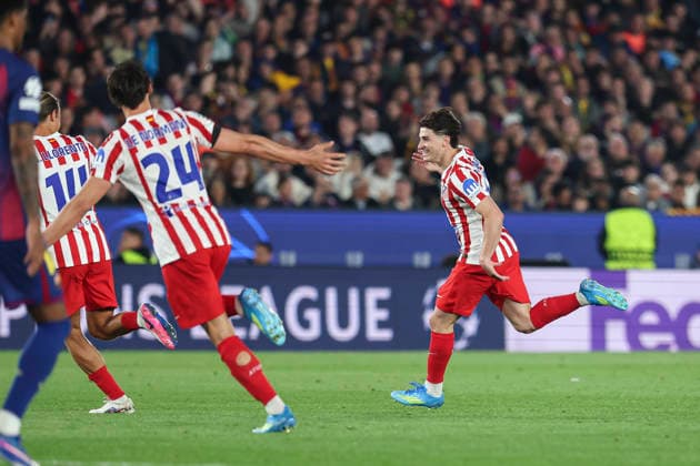 April 8, 2026, Barcelona, Barcelona, SPAIN: Julian Alvarez of Atletico de Madrid celebrates a goal during the UEFA Champions League 2025 26 Quarter-finals First Leg, football match played between FC Barcelona, Barca and Atletico de Madrid at Spotify Camp Nou stadium on April 08, 2026 in Barcelona, Spain. FC Barcelona V Atletico De Madrid - UEFA Champions League 2025 26 Quarter-Finals First Leg  - ZUMAa181 20260408_zaa_a181_226 Copyright: xIrinaxR.xHipolitox