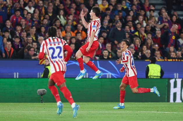 April 8, 2026, Barcelona, Barcelona, SPAIN: Julian Alvarez of Atletico de Madrid celebrates a goal during the UEFA Champions League 2025 26 Quarter-finals First Leg, football match played between FC Barcelona, Barca and Atletico de Madrid at Spotify Camp Nou stadium on April 08, 2026 in Barcelona, Spain. FC Barcelona V Atletico De Madrid - UEFA Champions League 2025 26 Quarter-Finals First Leg  - ZUMAa181 20260408_zaa_a181_227 Copyright: xIrinaxR.xHipolitox
