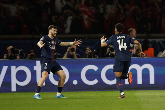 FBL UEFA CL PSG FC Liverpool Khvicha Kvaratskhelia Paris Saint Germain and DÃ sirÃ DouÃ Paris Saint Germain celebrate the goal to 1 0 during the UEFA Champions League Quarter Final First Leg soccer match between Paris Saint Germain and Liverpool FC at the Parc des Princes in Paris, France, April 8, 2026 Copyright: AntonioxBorga