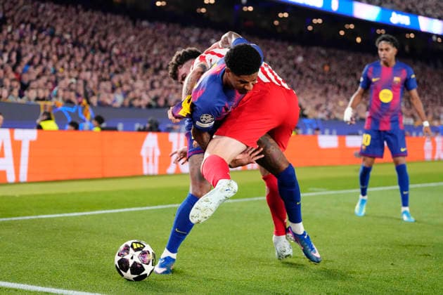 FC Barcelona, Barca v Atletico de Madrid - UEFA Champions League 2025 26 Quarter-Final First Leg Marcus Rashford left winger of Barcelona and England and Matteo Ruggeri left-back of Atletico de Madrid and Italy compete for the ball during the UEFA Champions League 2025 26 Quarter-Final First Leg match between FC Barcelona and Club AtlÃ tico de Madrid at Estadio Spotify Camp Nou on April 8, 2026 in Barcelona, Spain. Barcelona Spain  Copyright: xJosexBretonx originalFilename:bretonhernandez-fcbarcel260408_np3Ib.jpg