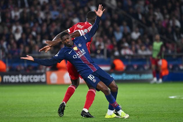 FOOTBALL : PSG vs Liverpool - Ligue des Champions - 08 04 2026 Ousmane DEMBELE of Paris Saint Germain and Ibrahima Konate of Liverpool during the UEFA Champions League match between Paris Saint Germain and Liverpool FC at Parc Des Princes on April 08 , 2026 in Paris, France. ( Photo by Federico Pestellini PsnewZ ) ParisFrance  Copyright: xFedericoxPestellinix