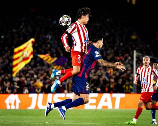 April 8, 2026, Barcelona, Barcelona, Spain: Giuliano Simeone (L) of Atletico de Madrid challenges for the ball with Joao Cancelo (R) of FC Barcelona, Barca during the UEFA Champions League Quarter Final match between FC Barcelona and Atletico de Madrid at Spotify Camp Nou on APRIL 8, 2026 in Barcelona, Spain. Barcelona Spain - ZUMAs316 20260408_znp_s316_024 Copyright: xMartixSeguraxRamonedax