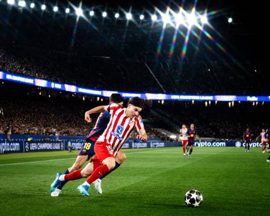 April 8, 2026, Barcelona, Barcelona, Spain: Gerard Martin (L) of FC Barcelona, Barca challenges for the ball with Julian Alvarez (R) of Atletico de Madrid during the UEFA Champions League Quarter Final match between FC Barcelona and Atletico de Madrid at Spotify Camp Nou on APRIL 8, 2026 in Barcelona, Spain. FC Barcelona V Atletico De Madrid - UEFA Champions League Quarter Final  - ZUMAs316 20260408_znp_s316_028 Copyright: xMartixSeguraxRamonedax
