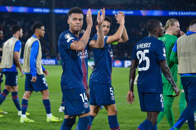 FOOTBALL : Paris Saint Germain vs Liverpool FC - Ligue des Champions - Quart de Finale - Match Aller - 08 04 2026 Desire Doue (Paris SG) Marquinhos (Paris SG) ParisFrance  Copyright: xBaptistexAutissierx