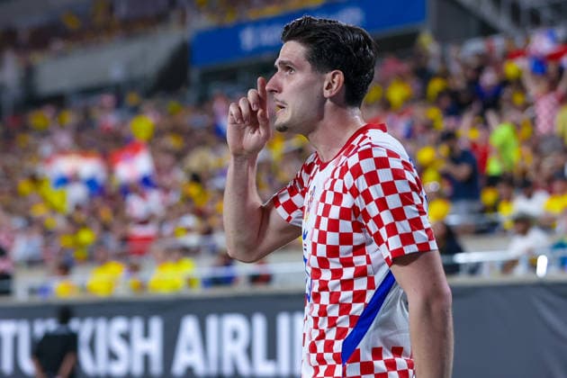 ORLANDO, FL - MARCH 26: Croatia forward Igor Matanovic (20) celebrates after scoring a goal during the Road to 26 match between Colombia and Croatia on Thursday, March 26, 2026 at Camping World Stadium in Orlando, FL. (Photo by Chris Arjoon Icon Sportswire) SOCCER: MAR 26 Road to 26 Colombia vs Croatia EDITORIAL USE ONLY Icon2603260010084
