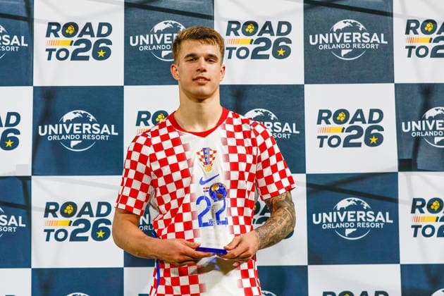 ORLANDO, FL - MARCH 26: Colombia midfielder Luka Vuskovic (22) receives the player of the game award after the Road to 26 match between Colombia and Croatia on Thursday, March 26, 2026 at Camping World Stadium in Orlando, FL. (Photo by Chris Arjoon Icon Sportswire) SOCCER: MAR 26 Road to 26 Colombia vs Croatia EDITORIAL USE ONLY Icon2603260010173