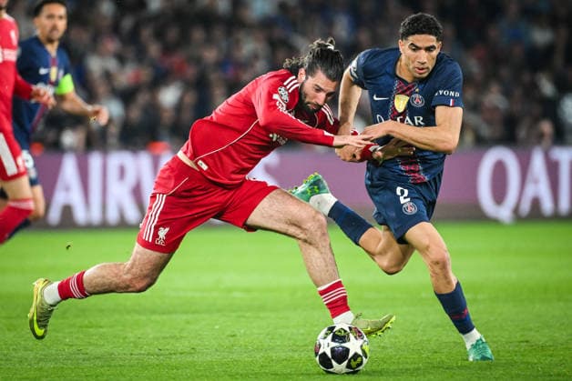 April 8, 2026, Paris, France, France: DOMINIK SZOBOSZLAI of FC Liverpool and Achraf HAKIMI of PSG during the UEFA Champions League match between Paris Saint-Germain and Liverpool FC at Parc des Princes Stadium. Paris Saint-Germain won 2:0. Paris France - ZUMAm308 20260408_zsp_m308_010 Copyright: xMatthieuxMirvillex