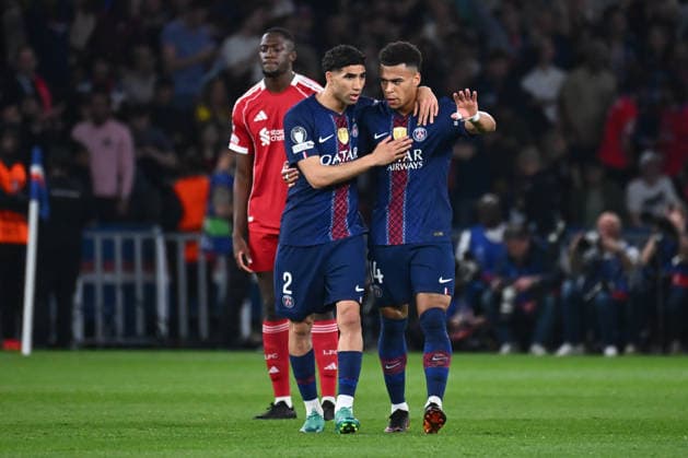 FOOTBALL : PSG vs Liverpool - Ligue des Champions - 08 04 2026 Desire Doue of Paris Saint Germain celebrates with teammates during the UEFA Champions League match between Paris Saint Germain and Liverpool FC at Parc Des Princes on April 08 , 2026 in Paris, France. ( Photo by Federico Pestellini PsnewZ ) ParisFrance  Copyright: xFedericoxPestellinix