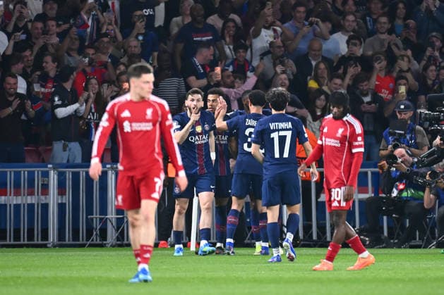FOOTBALL : PSG vs Liverpool - Ligue des Champions - 08 04 2026 Desire Doue of Paris Saint Germain celebrates with teammates during the UEFA Champions League match between Paris Saint Germain and Liverpool FC at Parc Des Princes on April 08 , 2026 in Paris, France. ( Photo by Federico Pestellini PsnewZ ) ParisFrance  Copyright: xFedericoxPestellinix