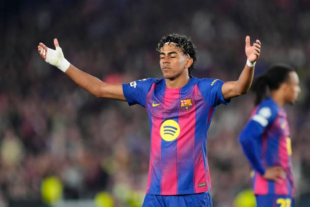 FC Barcelona, Barca v Atletico de Madrid - UEFA Champions League 2025 26 Quarter-Final First Leg Lamine Yamal right winger of Barcelona and Spain reacts during the UEFA Champions League 2025 26 Quarter-Final First Leg match between FC Barcelona and Club AtlÃ tico de Madrid at Estadio Spotify Camp Nou on April 8, 2026 in Barcelona, Spain. Barcelona Spain  Copyright: xJosexBretonx originalFilename:bretonhernandez-fcbarcel260408_npmMi.jpg